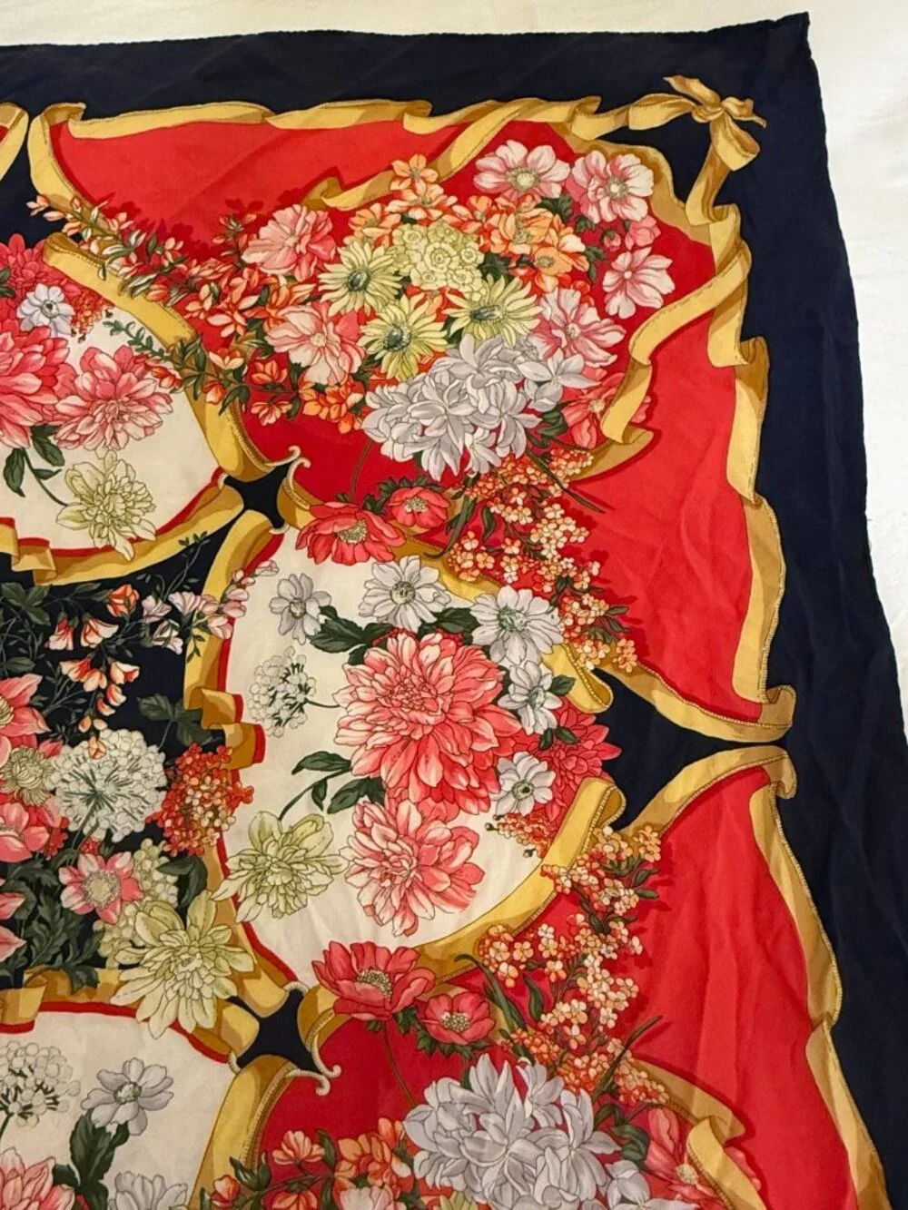 VINTAGE ERRE RED GOLD RIBBON MOTIF FLORAL HAND ROLLED SQUARE SILK SCARF ITALY